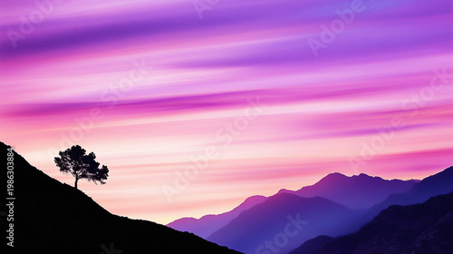 Amazing sunset landscape with silhouette tree against purple sky