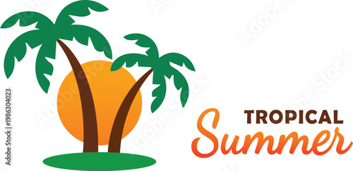 Tropical summer graphic with palm trees and sun isolated on white background