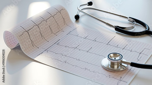 Medical equipment for heart health checkup with stethoscope and electrocardiogram ecg paper on white table
