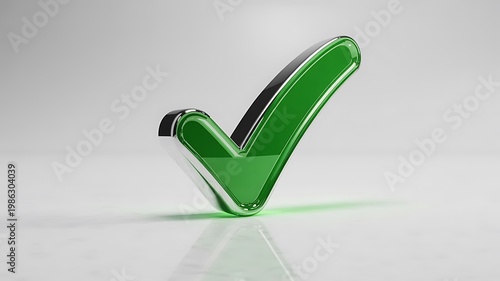 Shiny green checkmark symbol on gray background with reflection indicating confirmation and approval
