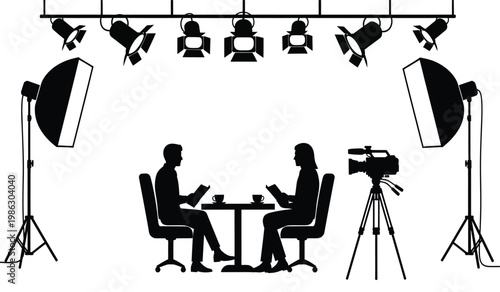 A stark image portrays a film set with bright studio lights illuminating a scene of an interview presented as a silhouette high quality professional