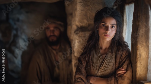 An interior nighttime scene in jericho where israelite spies hide in rahab’s house near a window on the city wall under warm lamplight and deep shadows, expressing secrecy and tension.