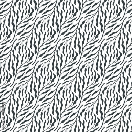 Black and green plant branches isolated on white background. Monochrome seamless pattern. Simple flat vector graphic illustration. Texture.