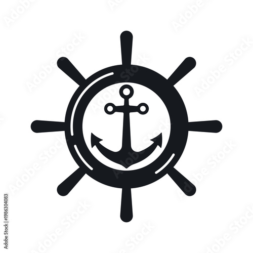 Ship's wheel and anchor icon. Black and blue silhouette. Front view. Vector simple flat graphic illustration. Isolated object on a white background.