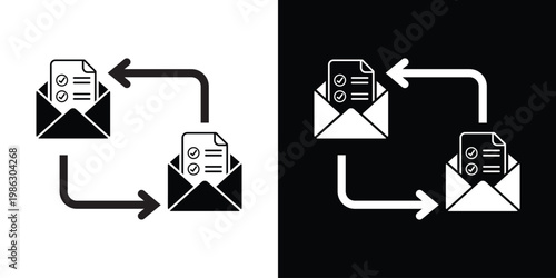 Icons of envelopes containing checklists with transfer arrows, representing automated email reporting, newsletter distribution, task notifications, and digital correspondence flow.