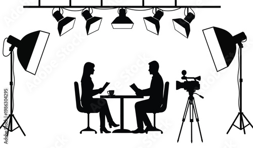 A stark visual depicts a staged interview setup with bright spotlights illuminating two figures and a camera silhouette high quality professional detailed modern elegant