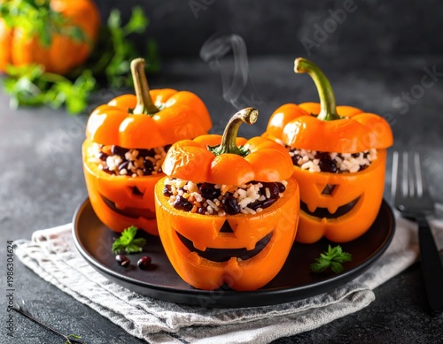Three orange bell peppers creatively carved as jack o lanterns are stuffed with savory rice and black bean filling for Halloween celebration