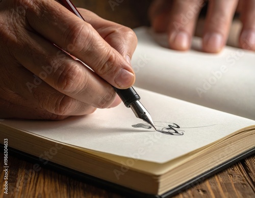 Person's hand holds a vintage fountain pen, carefully drawing intricate ink designs on a blank page in an open notebook, emphasizing artistic expression