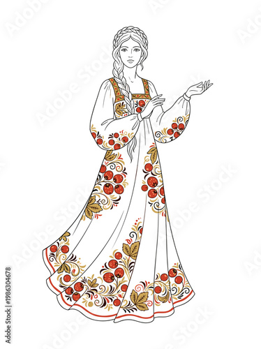 Young woman in traditional dress with floral patterns and smile  