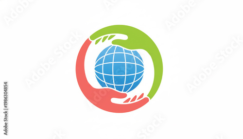 Globe icon with blue latitude and longitude lines inside green and red circular hands logo featuring world, planet, earth with international and map