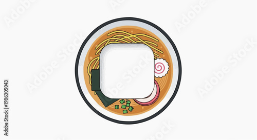 A vector graphic illustration of a bowl of ramen noodles with a blank square in the center