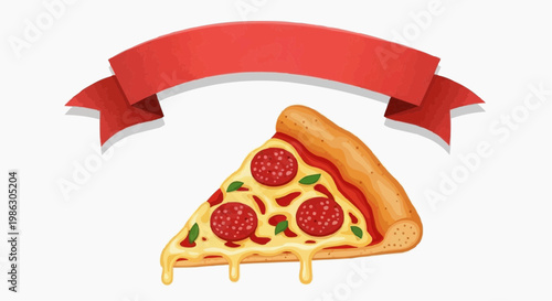 A vector graphic illustration of a slice of pepperoni pizza with a red ribbon banner