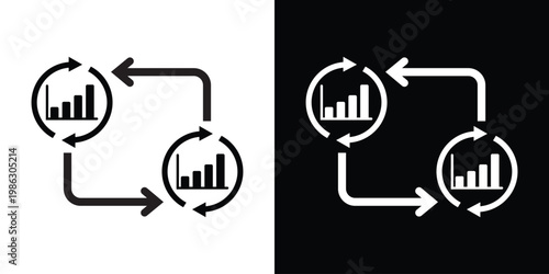 Vector icon of bar charts inside circular arrows, representing continuous data analysis, business performance monitoring, and recursive statistical reporting in a flat design style.