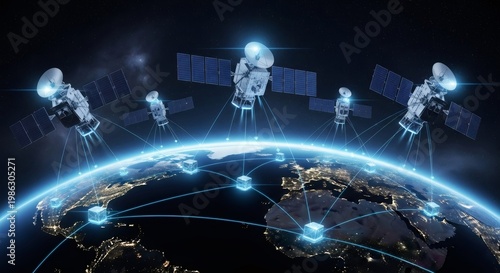 Satellite network orbiting planet earth, illustrating global internet connection, telecommunication, and data transmission. Future technology concept.