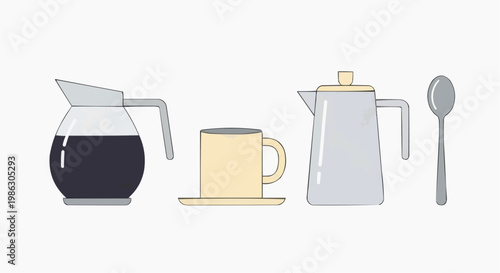 A minimalist vector illustration of coffee brewing and serving essentials