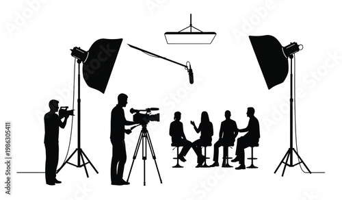 A stark black silhouette depicts a film or photography set with lights cameras and personnel showcasing a studio environment silhouette high quality professional detailed