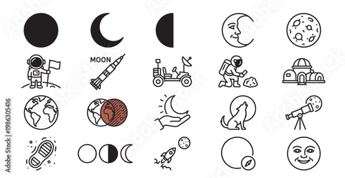 space icons set, moon phases astronomy and astronaut exploration symbols, minimal vector collection with planets and rocket on transparent background