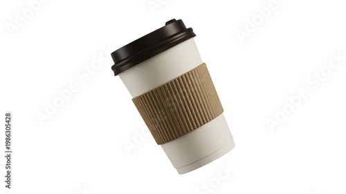 Paper coffee cup 3D render with sleeve for cafe branding mockup isolated on transparent background