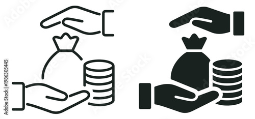 money transfer icon, hands with cash bag and coins, finance payment and investment symbol minimal vector illustration on transparent background