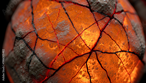 This glowing rare earth mineral is soft burnt orange with deep red veins and thin black lightning cracks on a rough cracked surface