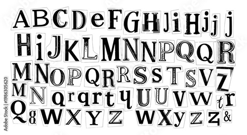 Alphabet letters in various fonts and styles.
