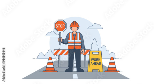 Road worker directing traffic with stop sign.