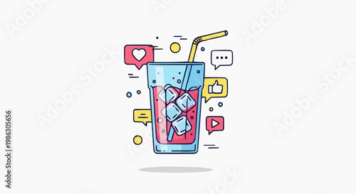 A colorful vector illustration of a refreshing drink with social media icons
