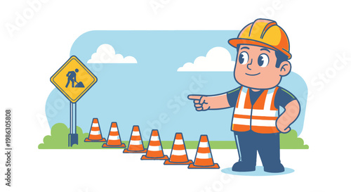 Friendly cartoon construction worker pointing right, with traffic cones and road work sign in bright studio.