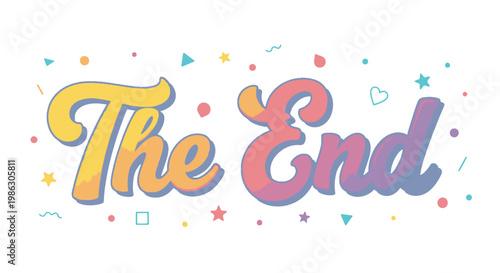 Playful colorful "The End" text with festive confetti and stars, isolated white background.