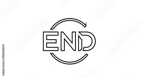 Simple 'END' Text within a Circle with Arrows on Isolated White Background, Loop Cycle Conclusion Symbol
