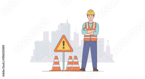 Confident construction worker standing with crossed arms at an urban site with caution signs and city skyline, in bright studio.