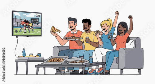 A group of friends watching a sports game on TV while eating pizza and cheering