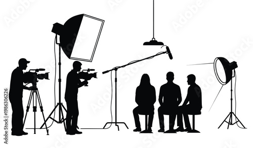 A black silhouette depicts a film crew actively engaged in a studio shoot with lighting and cameras silhouette high quality professional detailed modern elegant