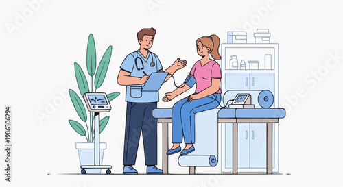 A medical professional taking a patient's blood pressure in a clinic setting with a plant and medical equipment nearby.