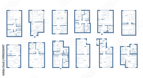 Collection of Architectural Floor Plans with Blue Outlines Displaying Diverse Residential Layouts, Detailed Building Designs on an Isolated White Background