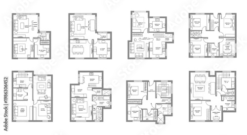 Set of Architectural Floor Plans Displaying Various Apartment and House Layouts, Detailed and Technical Drawings on an Isolated White Background