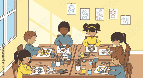 Diverse Group of Happy Children Painting and Drawing in Art Class at School or Daycare