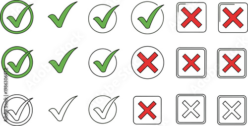 Check Mark and Cross Icon Set with Green Tick and Red X Symbols for Validation, Approval, Rejection, Checklist, Survey, and User Interface Design