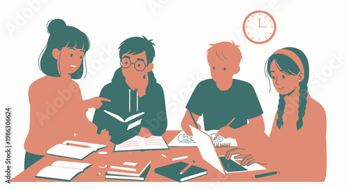 Diverse Group of Students Studying Together and Collaborating on Project with Books and Laptop in Bright Studio Background