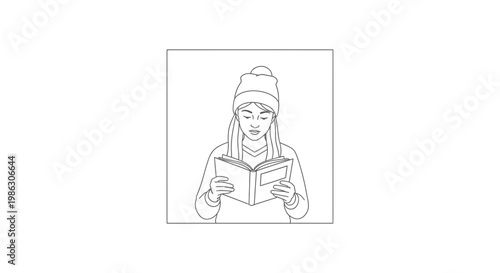 Woman in a beanie calmly reading a book in a serene pose, depicted in line art style on an isolated white background.