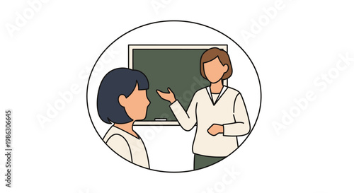 Caring Female Teacher Explaining Lesson to Student in Classroom Setting with Blackboard, Circular Frame