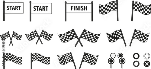 Racing Flag Vector Icon Set with Checkered Flags, Start and Finish Banners, and Competition Symbols for Automotive Sports and Racing Event Design