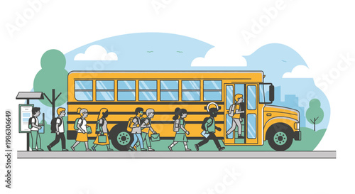 Happy School Children Getting Off Yellow School Bus in Front of School Building in City Environment