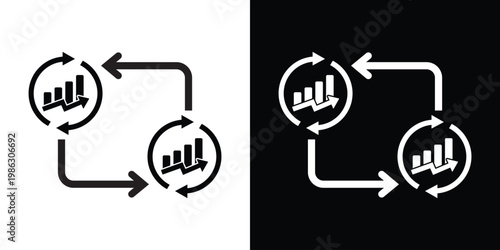 Vector icon of bar charts inside circular arrows, representing continuous data analysis, business performance monitoring, and recursive statistical reporting in a flat design style.
