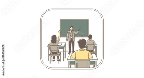 Male teacher explaining a lesson on the blackboard to attentive students in a classroom setting, with one student raising a hand.