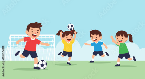 Happy school children playing soccer on a green field with a blue sky background.