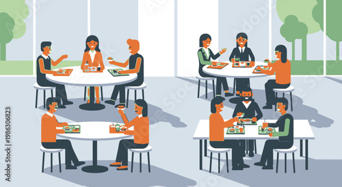 Business professionals discussing work and networking over coffee in a modern cafe with bright windows.