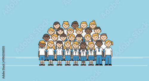 Large diverse group of happy school children standing together outdoors with a bright blue background.