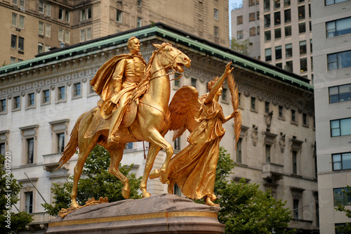 Close View Of New York Monument Showcasing Rider With Decorative Armor And Elegant Drapery