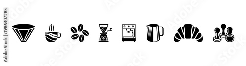 Coffee shop icon set with brewing and cafe elements including dripper filter, hot coffee cup, roasted beans, manual grinder, espresso machine, kettle, croissant and barista tamper tools in bold style.